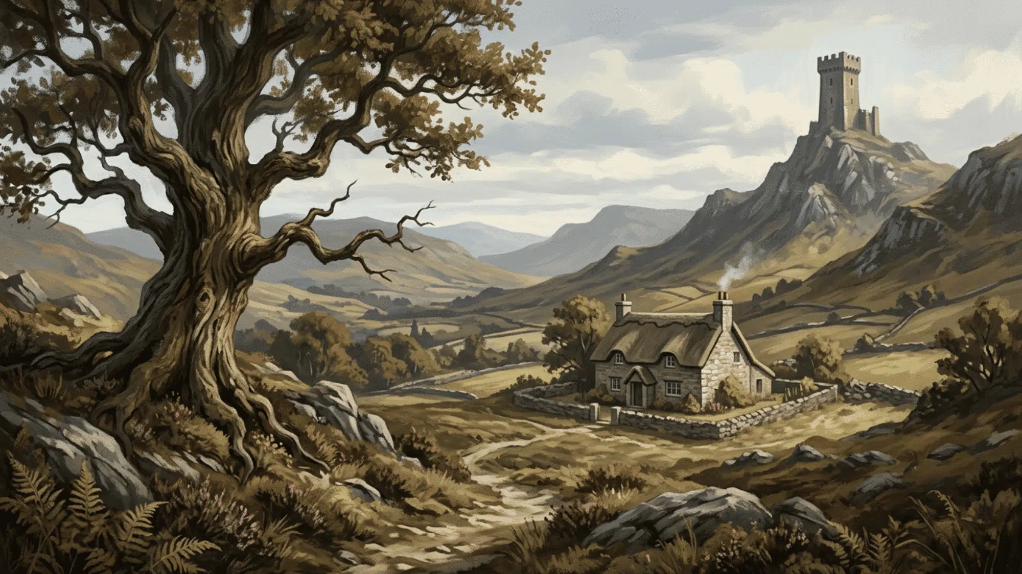 tree, cottage, and distant tower placed as three focal points across a landscape scene