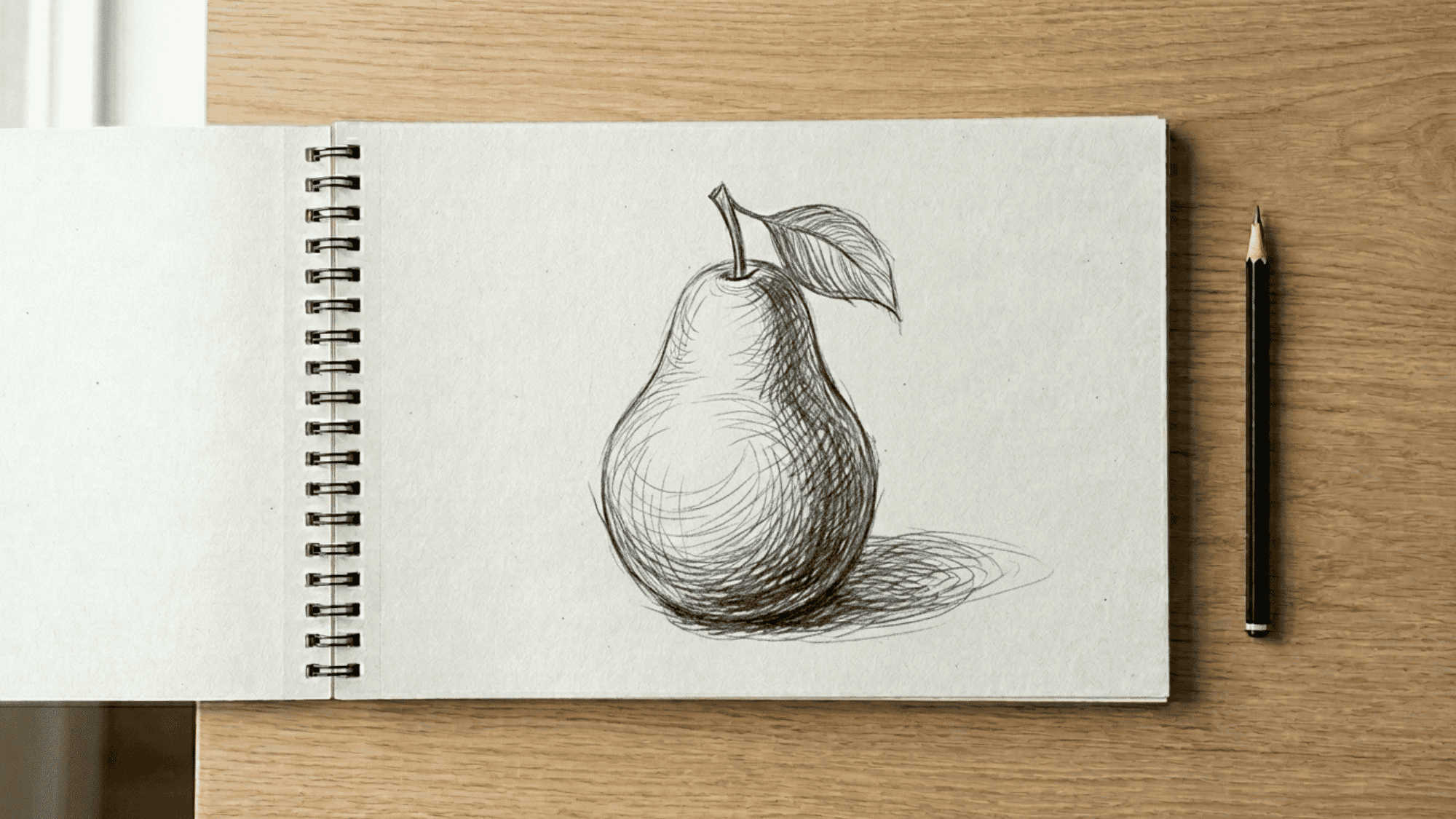 sketchbook on artist desk showing free hatching on a pear sketch