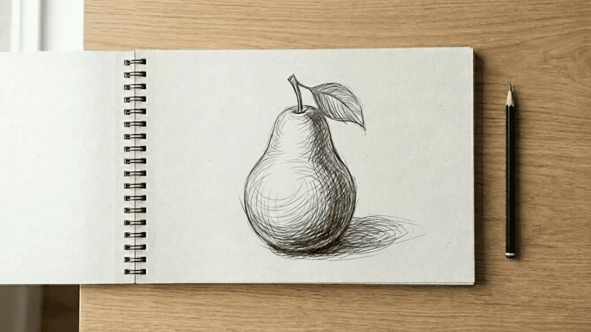 sketchbook on artist desk showing free hatching on a pear sketch