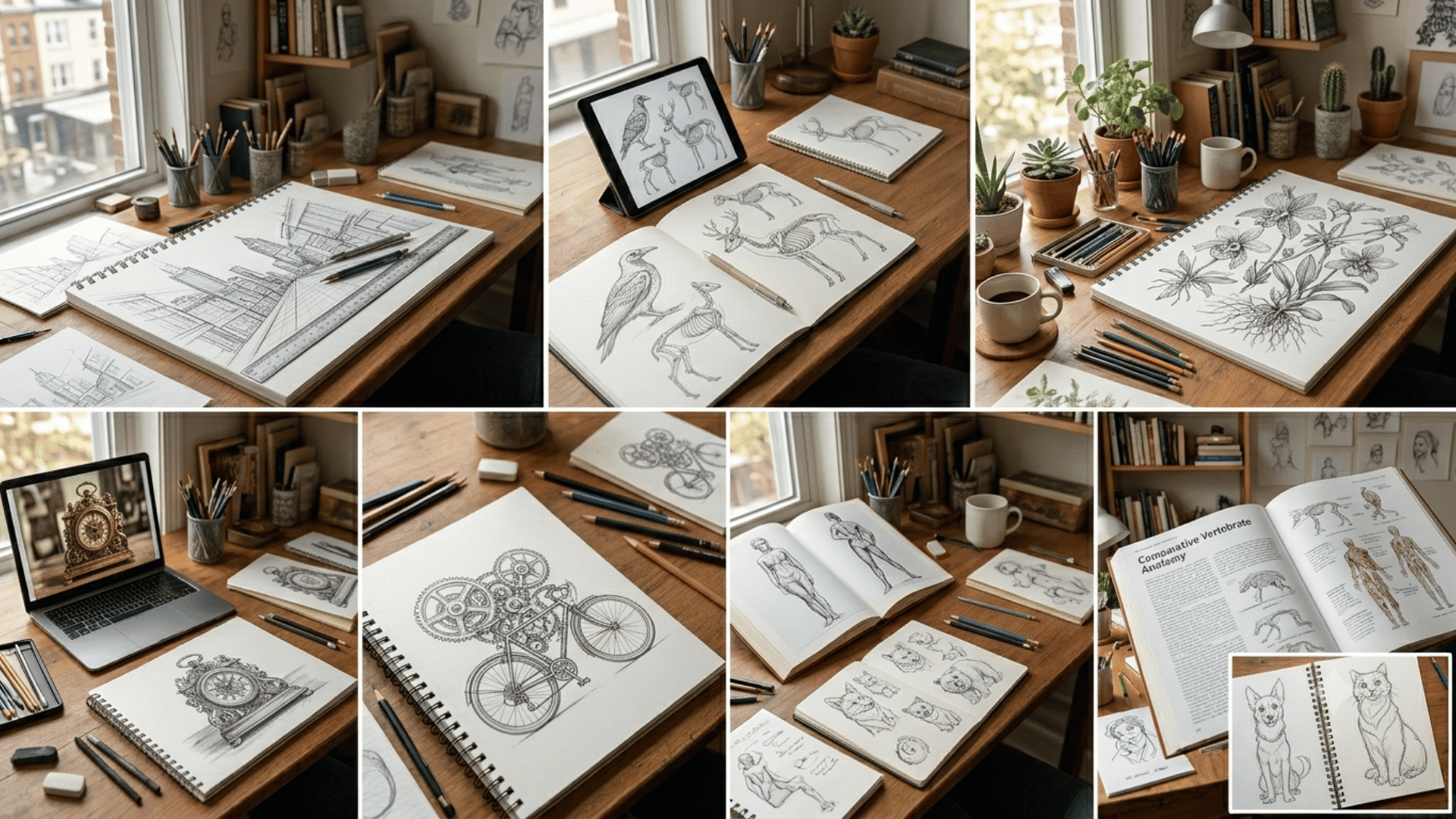 6 panel art collage of detailed pencil sketches: cityscape, anatomy, plants, gears, and pet drawings.