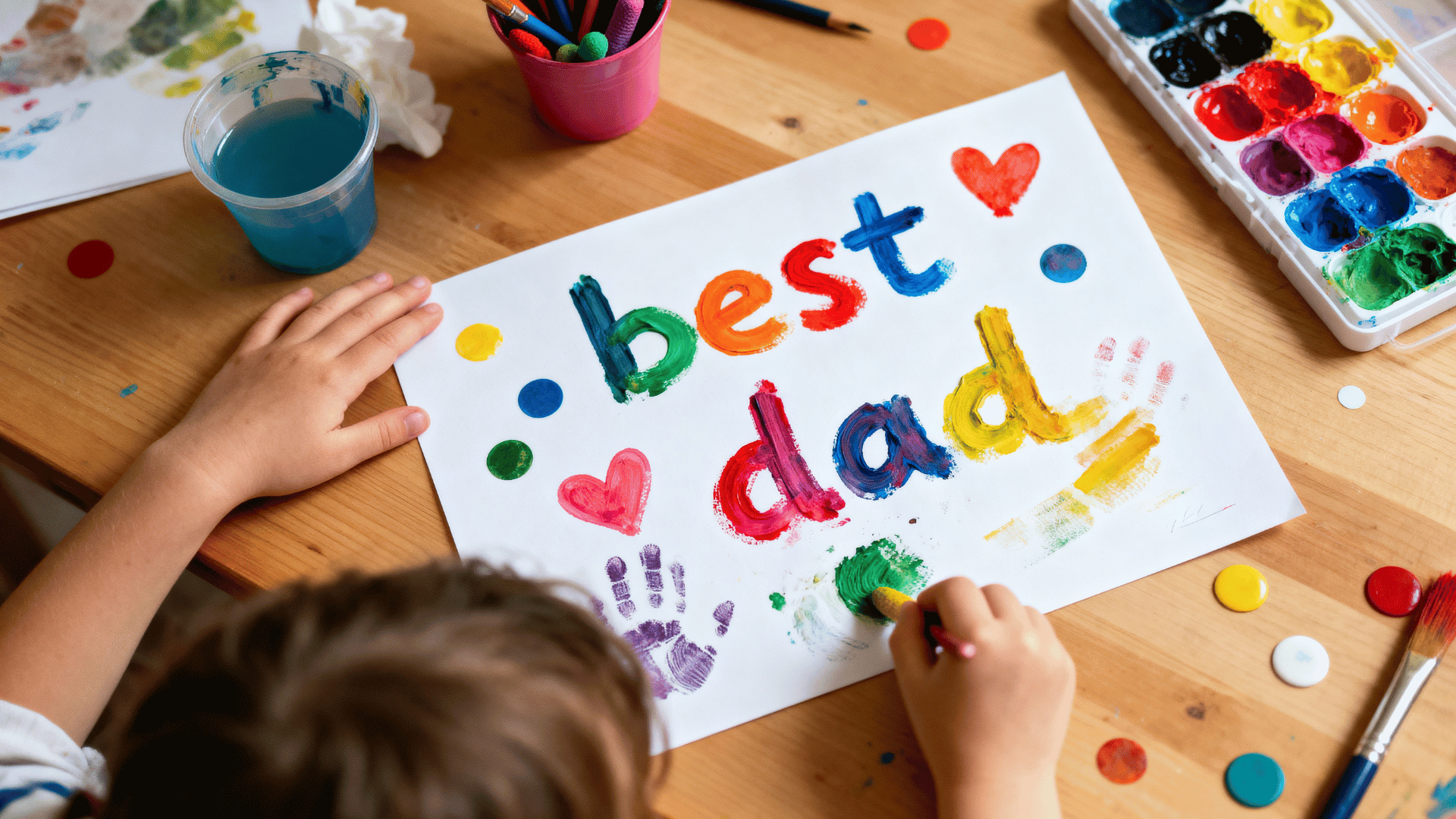 messy finger painting art made by a toddler for Father’s Day with colorful paint patterns.