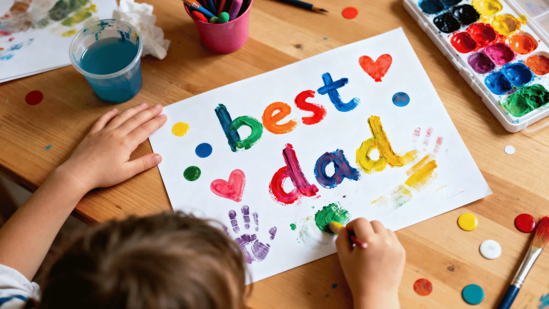 messy finger painting art made by a toddler for Father’s Day with colorful paint patterns.
