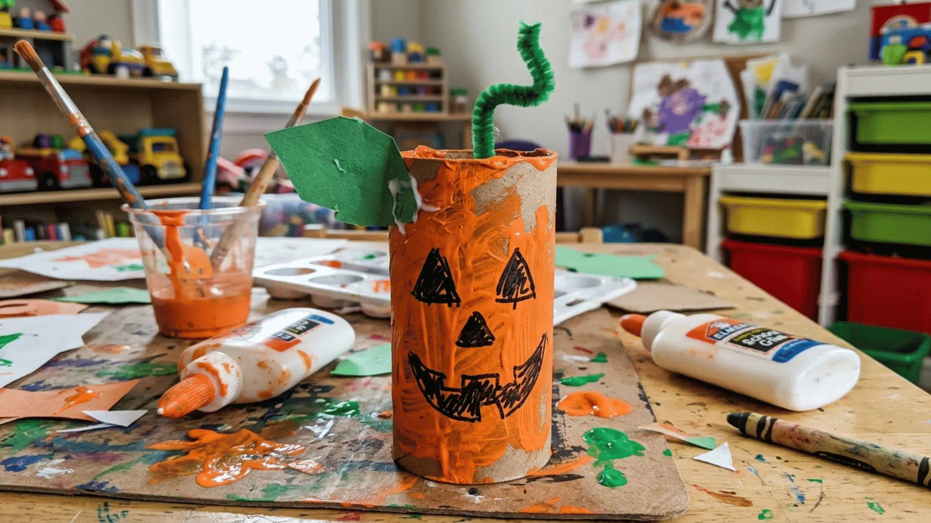 toilet roll pumpkin craft painted orange with a simple jack-o'-lantern face.