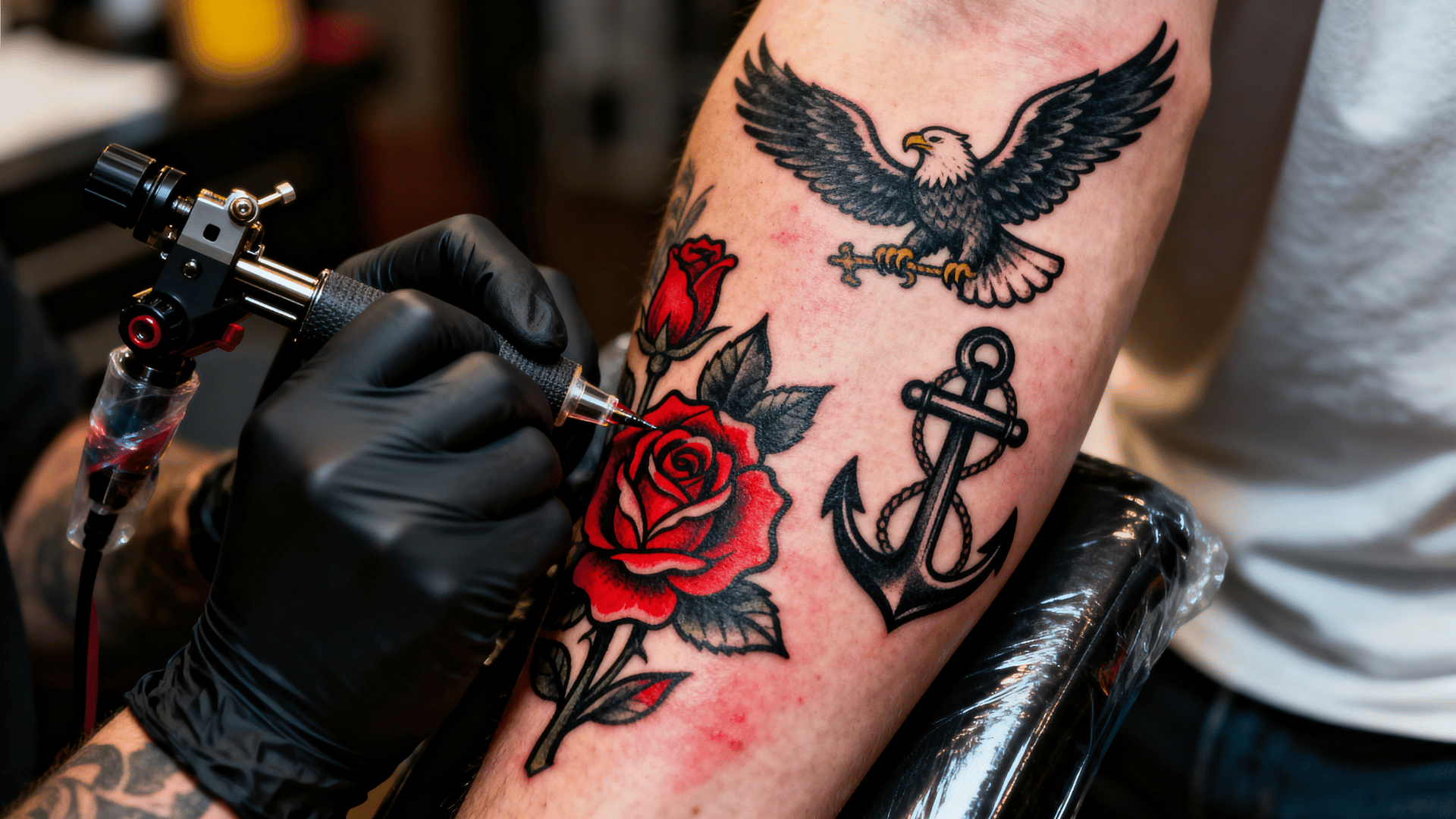 tattoo artist creating a traditional tattoo with bold black outlines, a red rose, and an anchor design on a person's forearm in a professional tattoo studio