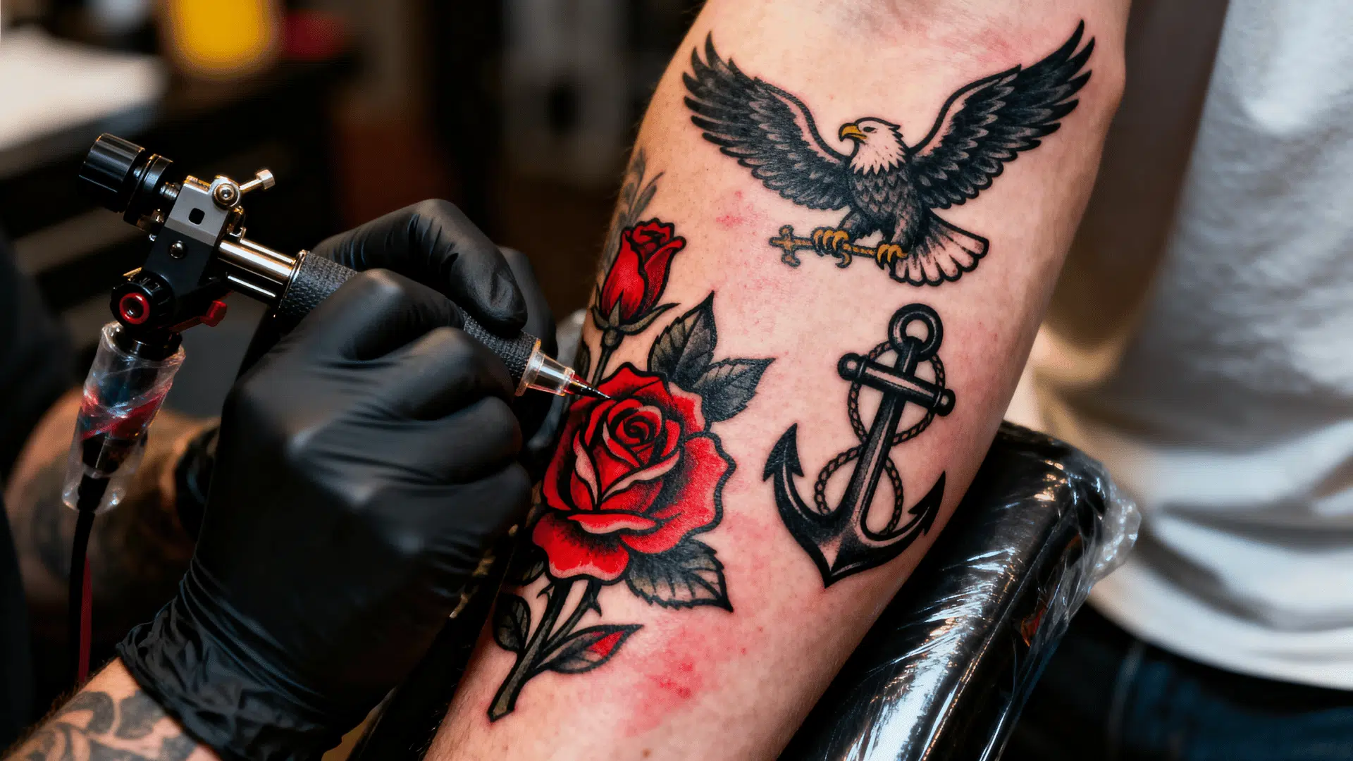 tattoo artist creating a traditional tattoo with bold black outlines, a red rose, and an anchor design on a person's forearm in a professional tattoo studio