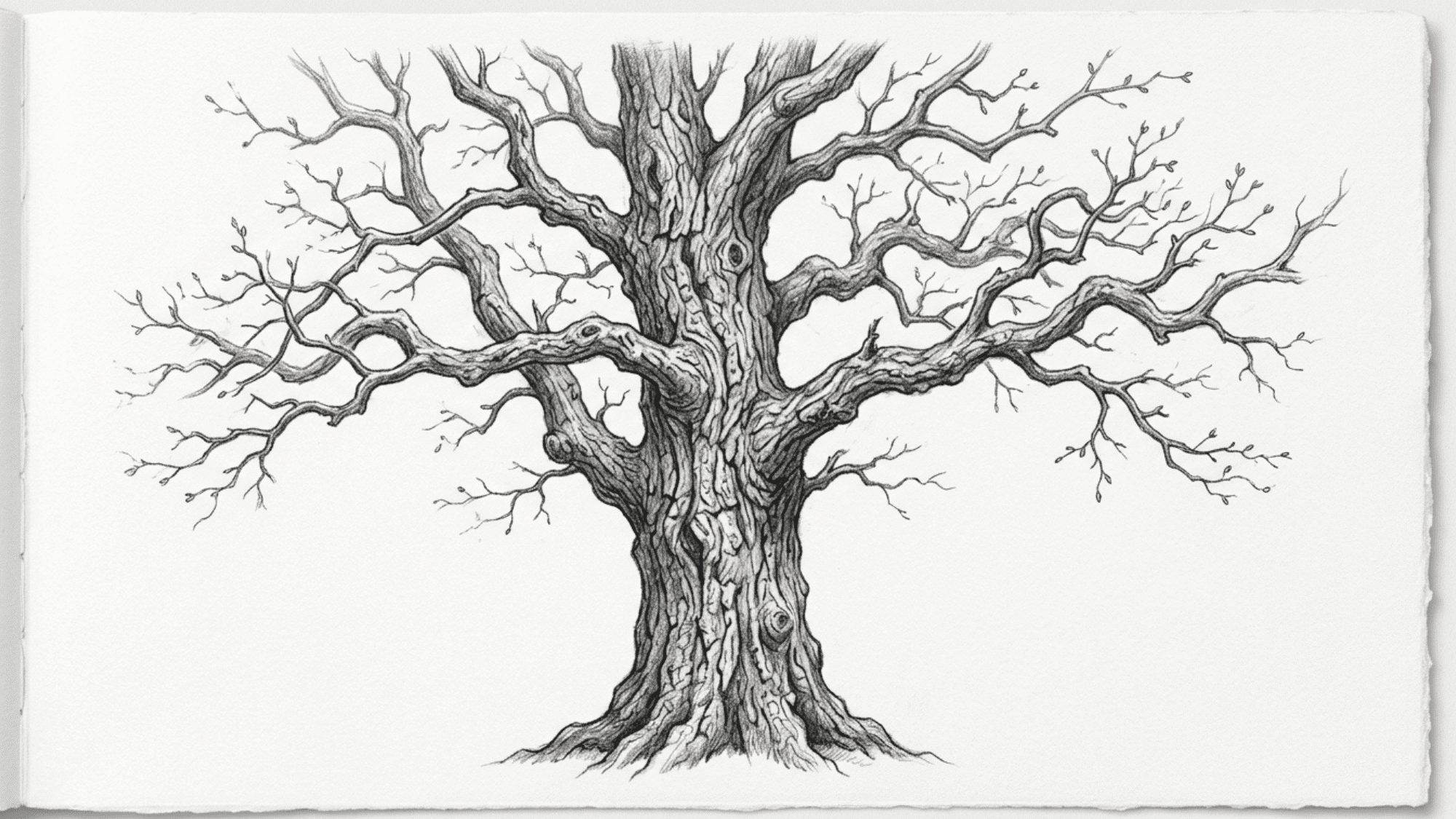 detailed tree pencil sketch showing textured bark branches and natural graphite shading