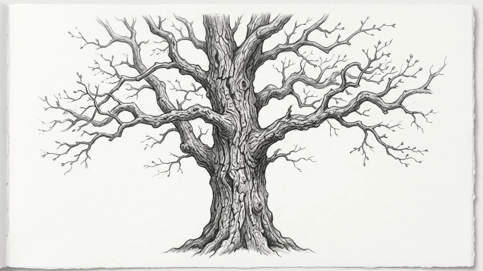 detailed tree pencil sketch showing textured bark branches and natural graphite shading