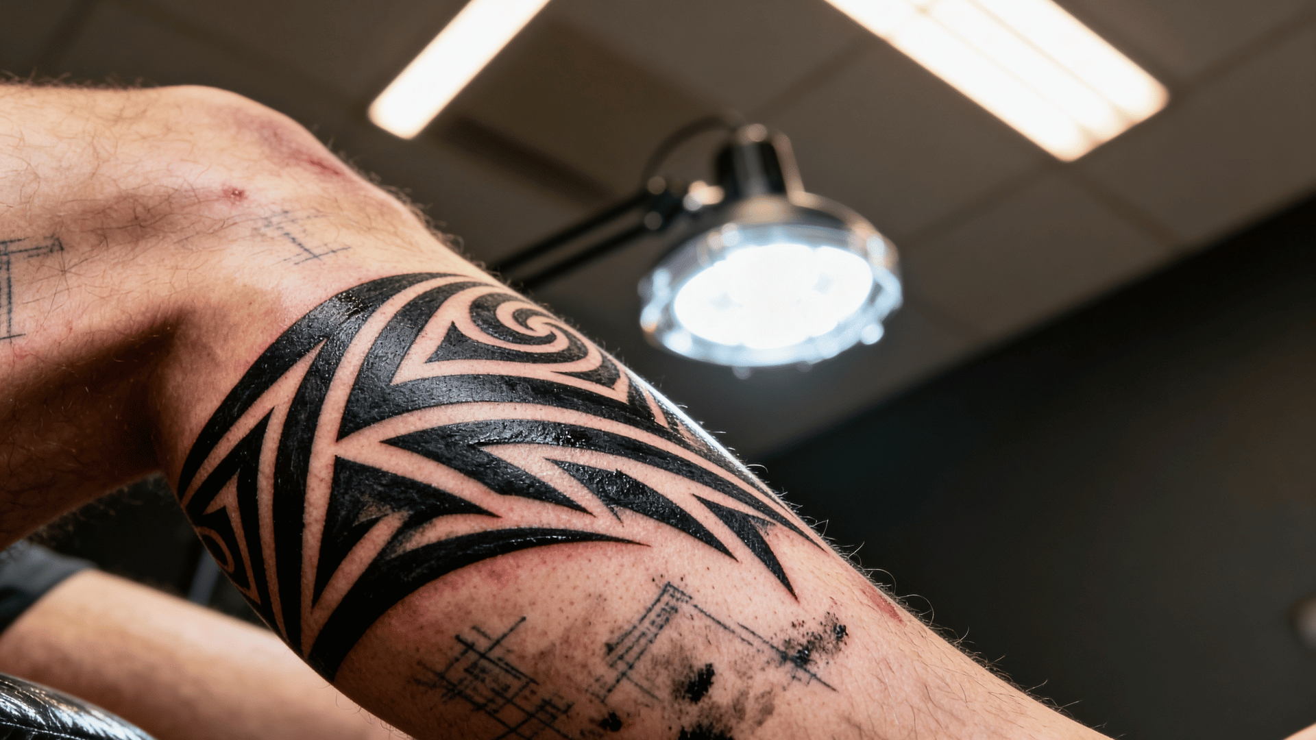 tattoo artist tattooing a bold black tribal pattern around a person's calf, featuring sharp lines and traditional-inspired shapes.