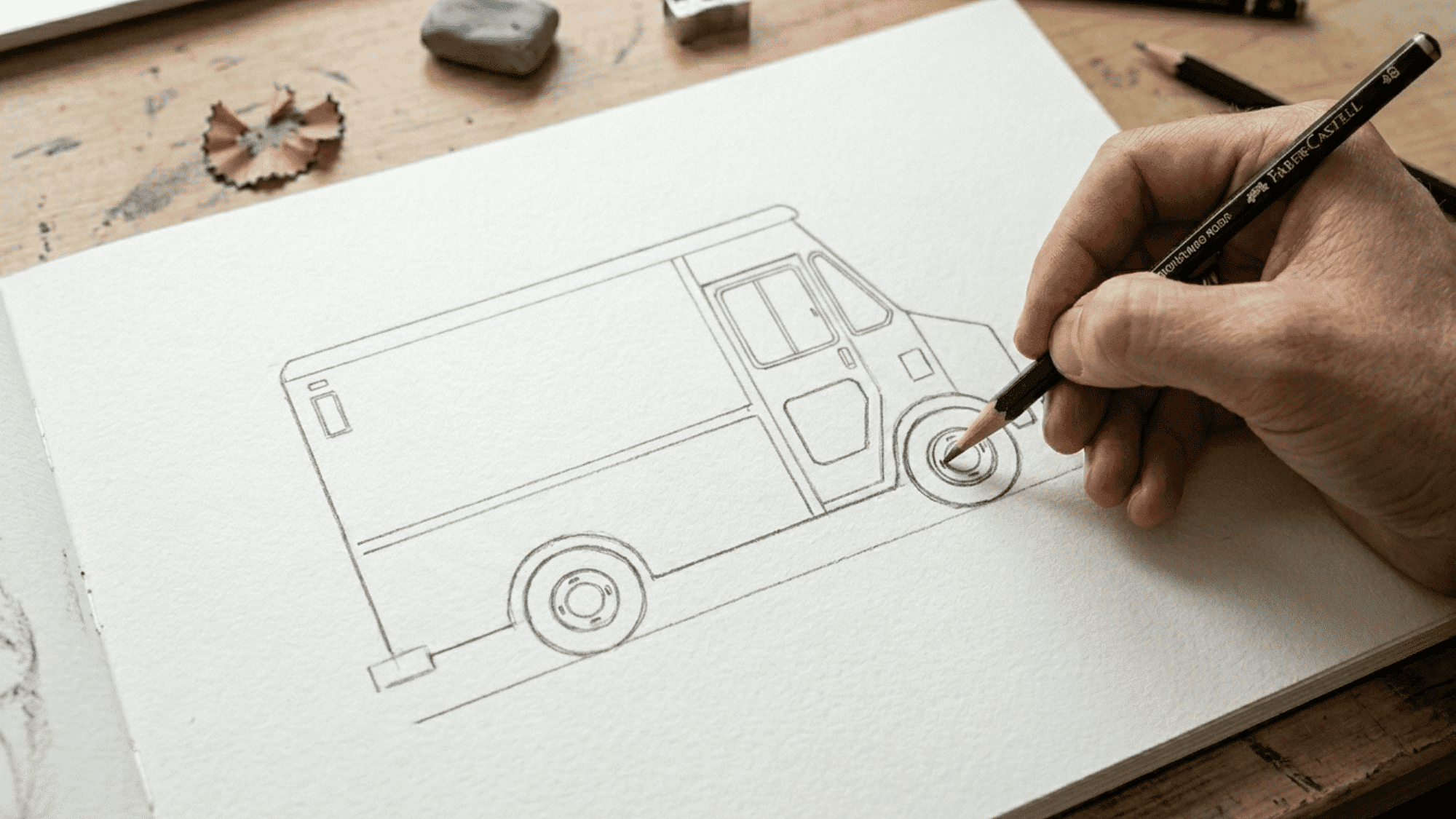 hand drawing detailed food truck features including wheels and windows with pencil sketch