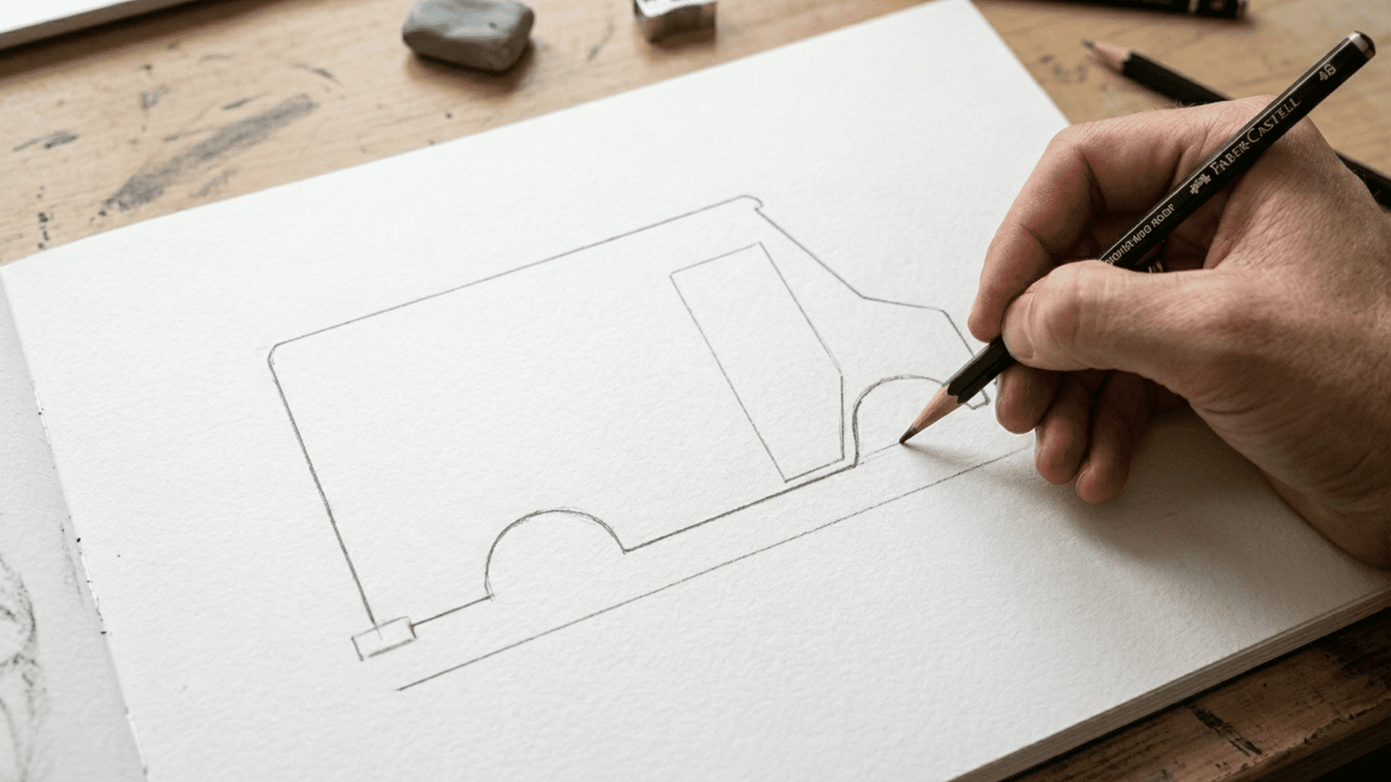 artist sketching the basic outline of a food truck design on textured sketchbook paper