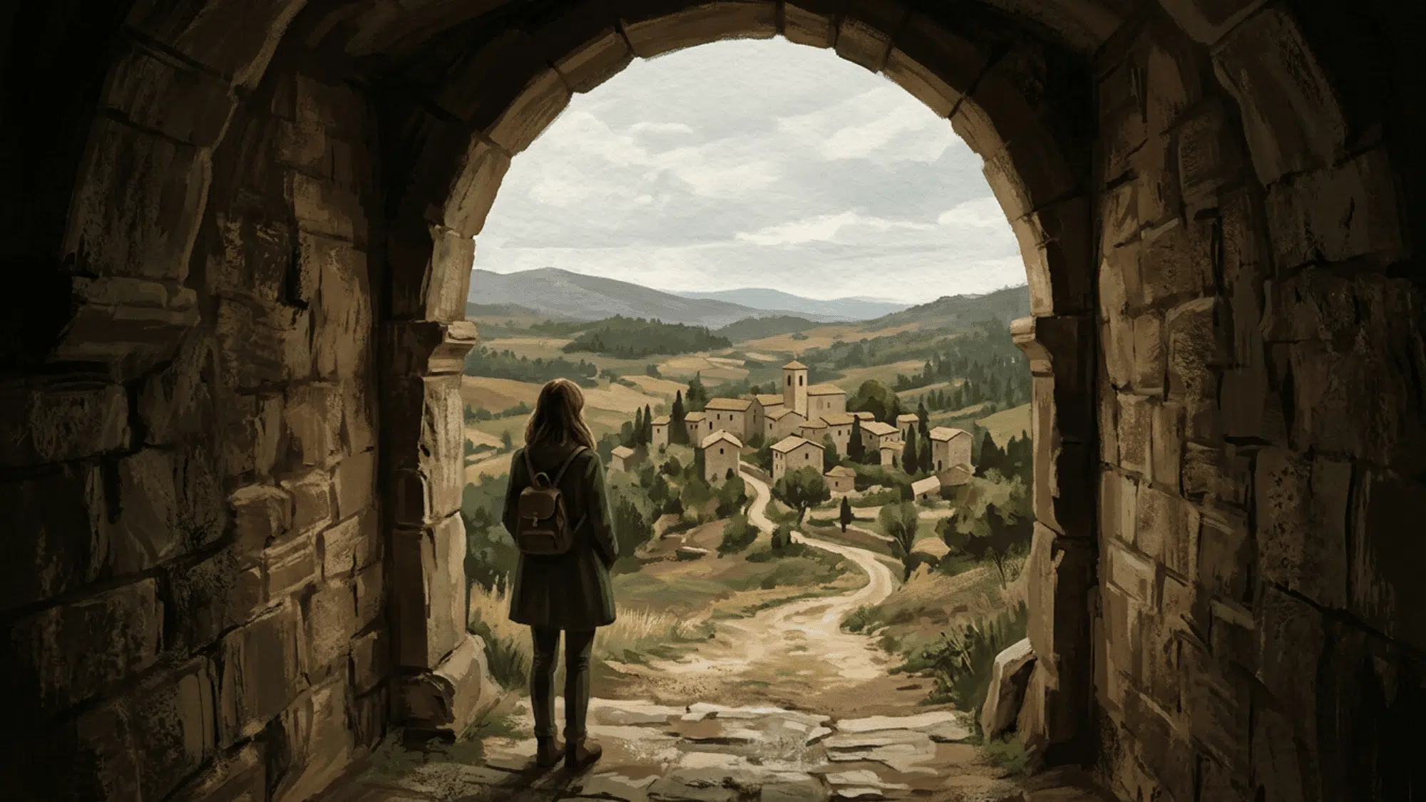 stone archway framing a distant village, creating depth and a tunnel-like view into the scene