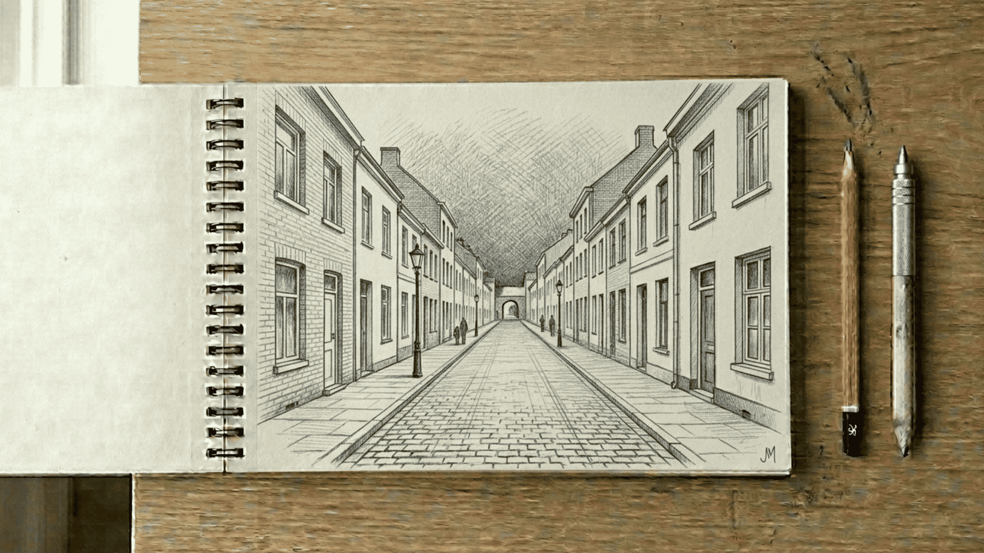 sketchbook on artist desk showing one point perspective street drawing