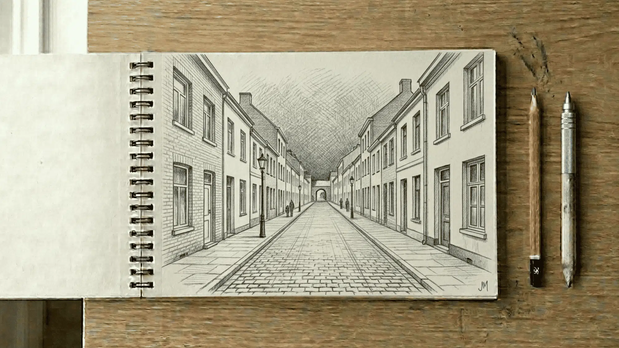 sketchbook on artist desk showing one point perspective street drawing