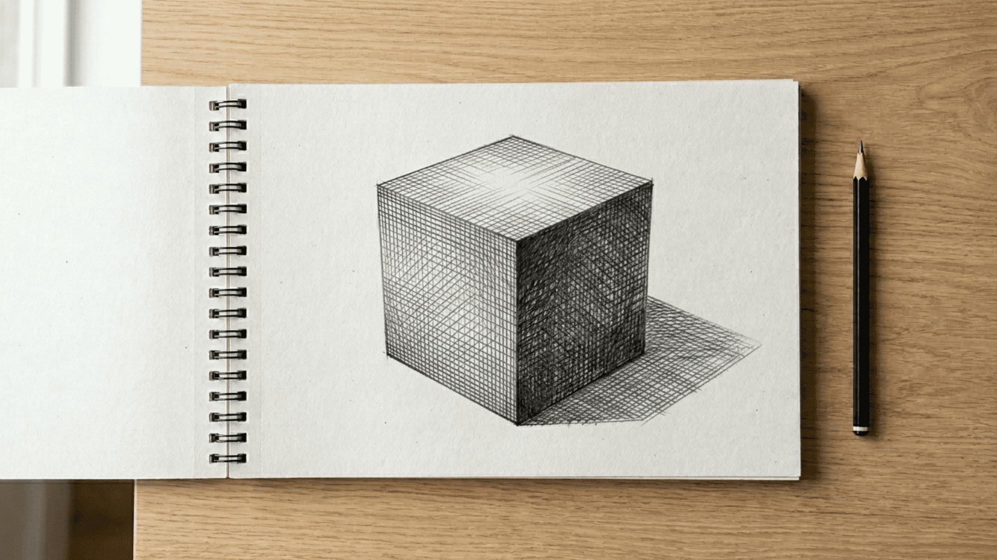 sketchbook on artist desk showing cross hatching on a shaded cube