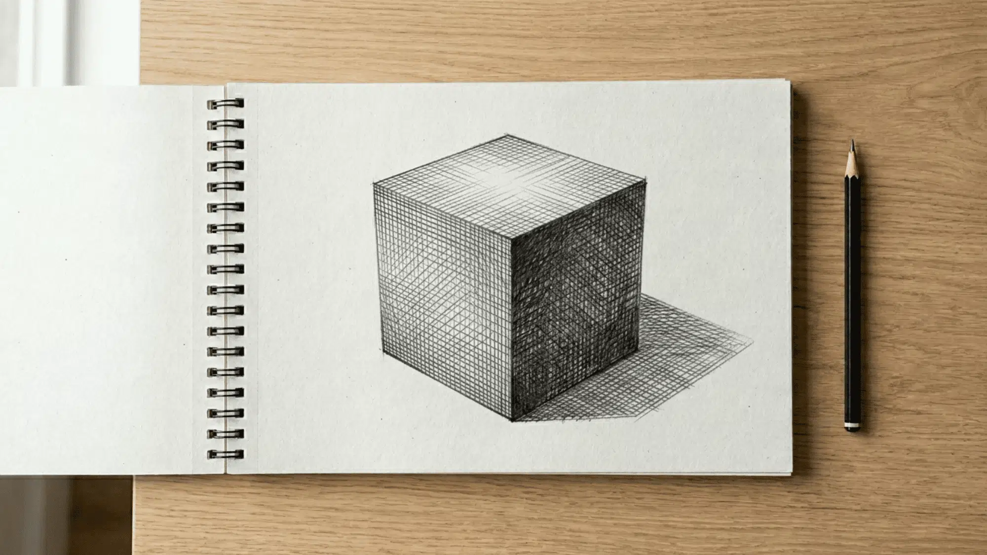 sketchbook on artist desk showing cross hatching on a shaded cube
