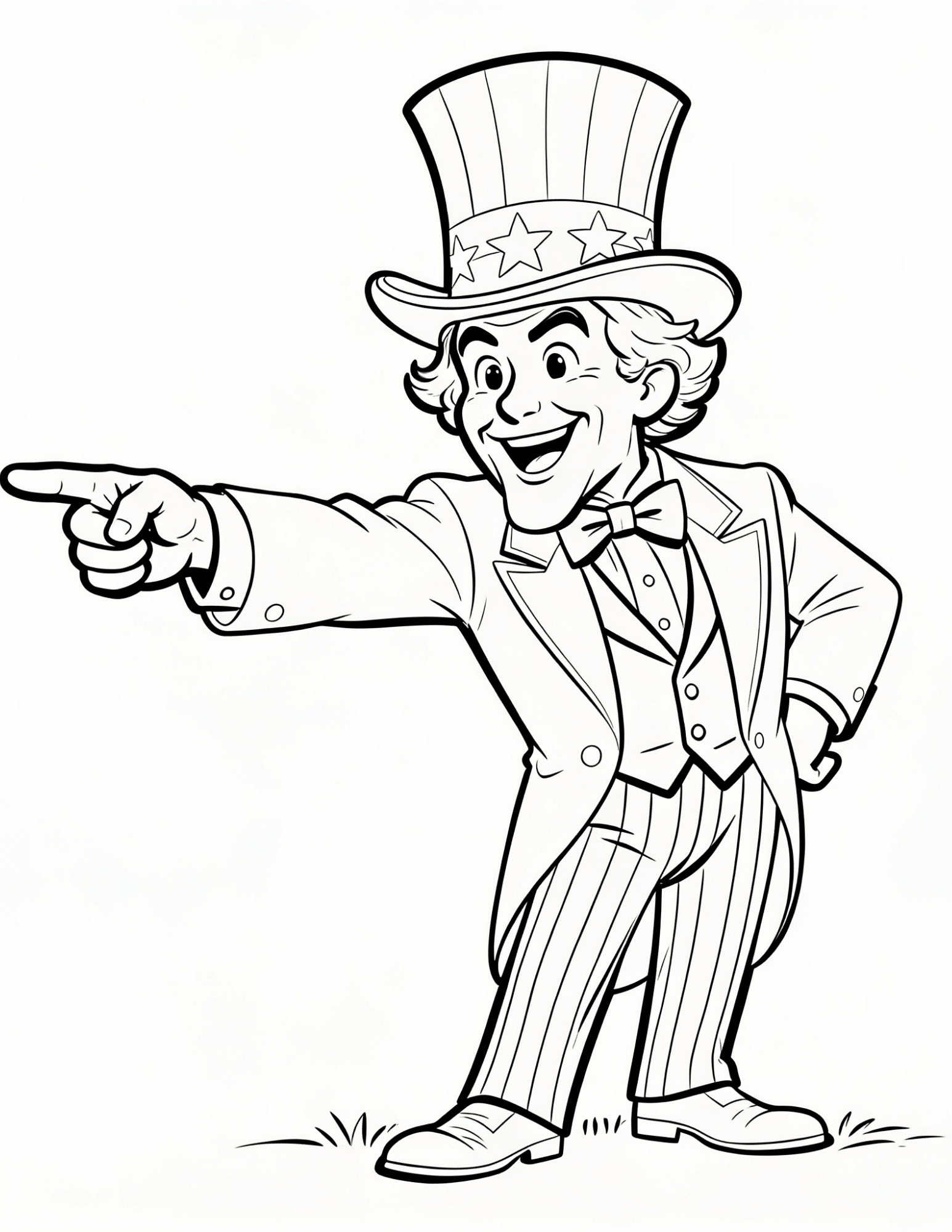 uncle sam pointing forward in patriotic outfit black and white outline coloring page for children