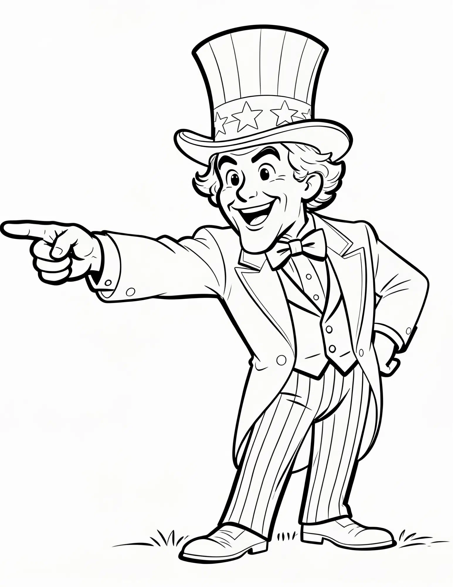 uncle sam pointing forward in patriotic outfit black and white outline coloring page for children