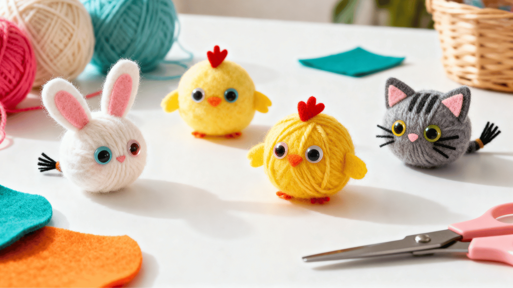 Mini pom pom animals including a bunny, chick, and cat made with yarn, felt, and googly eyes.