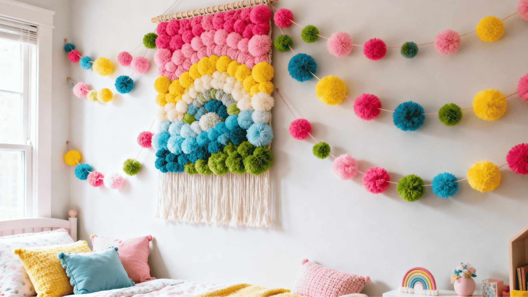 Colorful pom pom garlands and wall hangings decorating a bright bedroom wall.