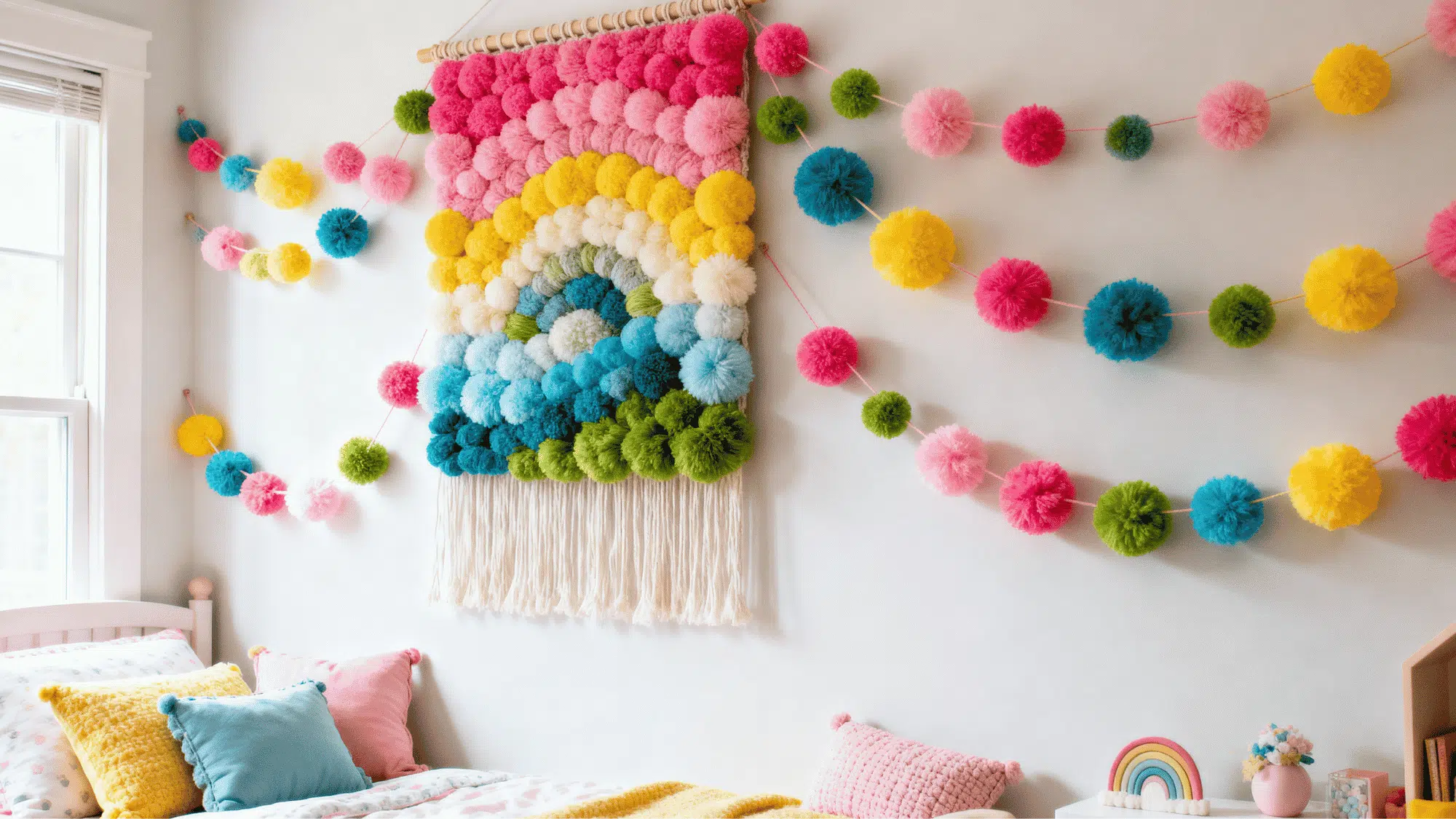 Colorful pom pom garlands and wall hangings decorating a bright bedroom wall.