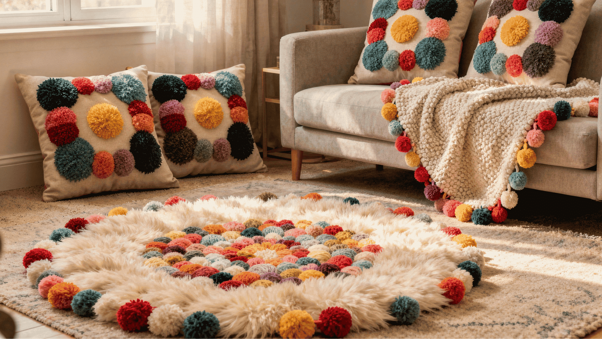 Pom pom cushions, a throw blanket, and a soft pom pom rug in a cozy room.