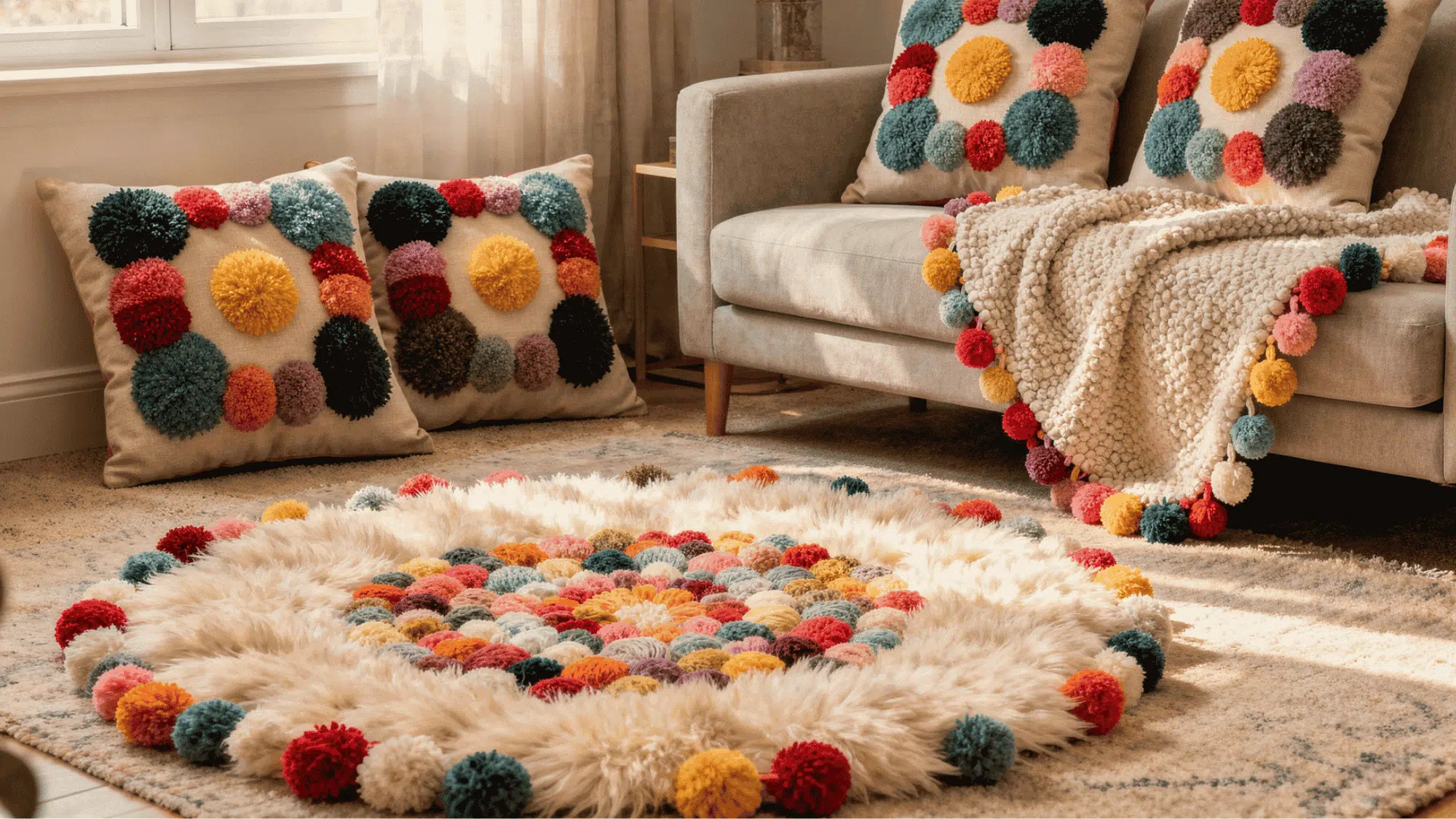 Pom pom cushions, a throw blanket, and a soft pom pom rug in a cozy room.