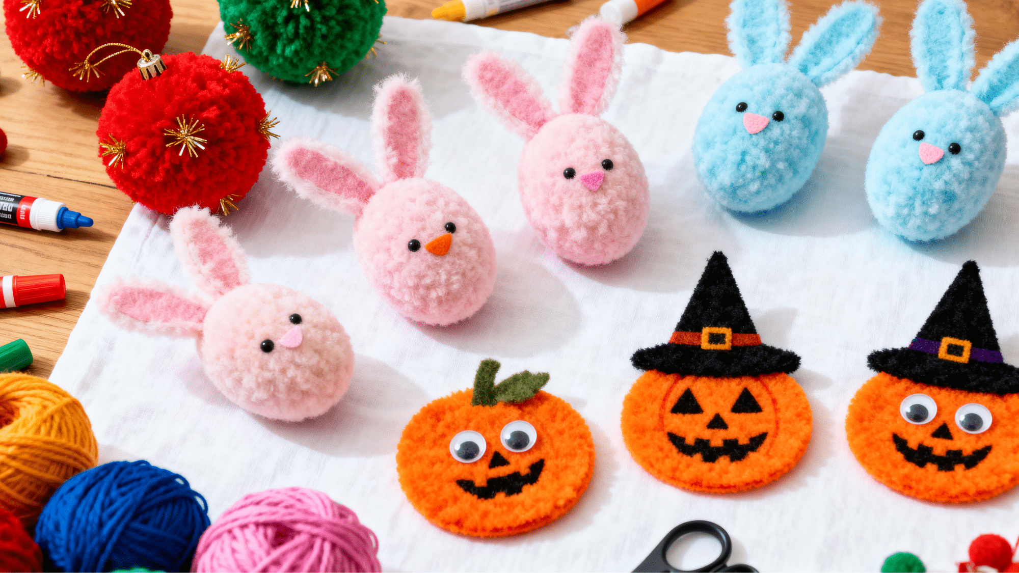Pom pom seasonal decorations for Christmas, Easter, and Halloween displayed on a craft table.
