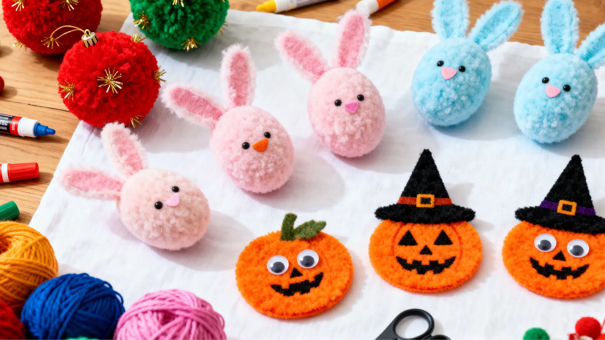 Pom pom seasonal decorations for Christmas, Easter, and Halloween displayed on a craft table.