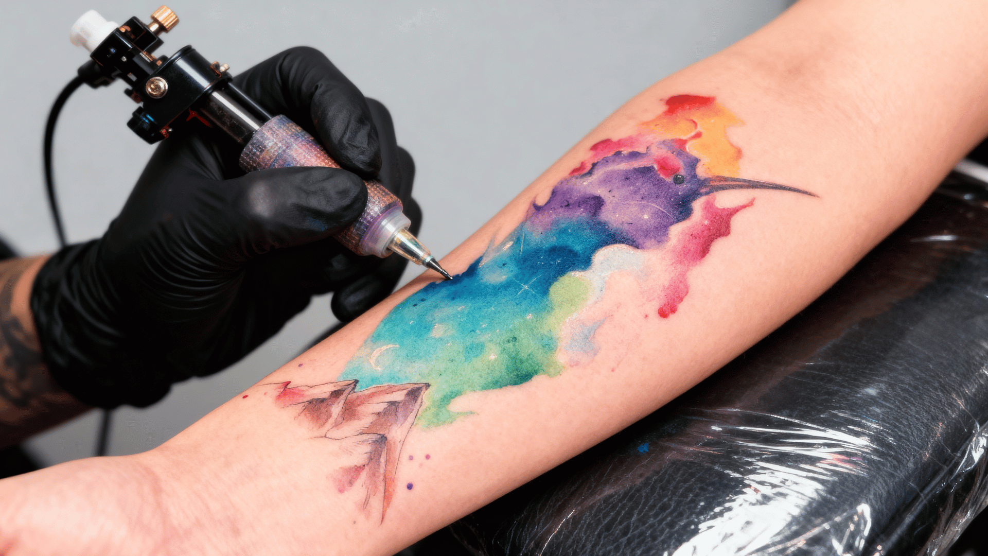 fresh watercolor hummingbird tattoo with blended colorful ink on a person's forearm during a tattoo session in a studio