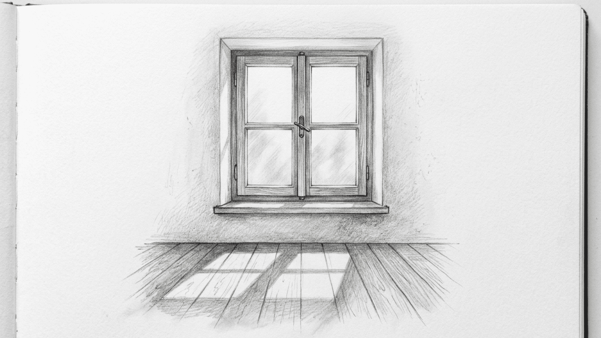 window with sunlight streaming through pencil sketch featuring shadows and simple interior details