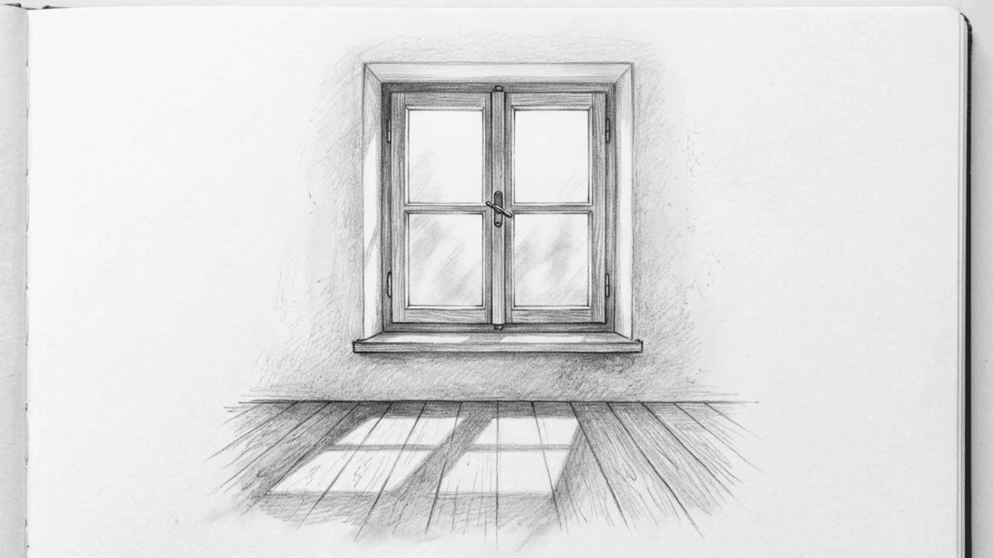 window with sunlight streaming through pencil sketch featuring shadows and simple interior details