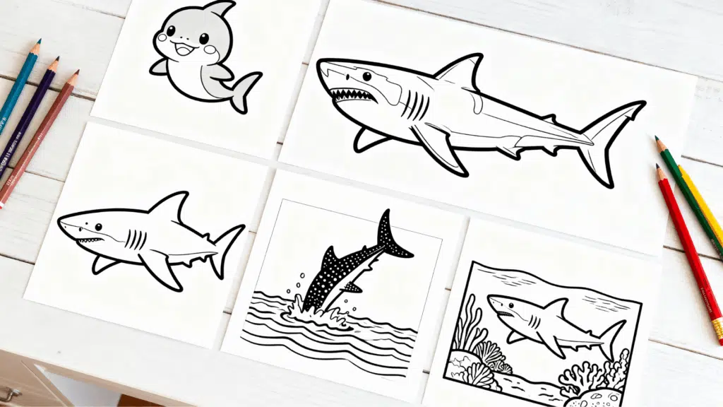 printable shark coloring pages with cute and realistic shark designs and colored pencils on a white desk