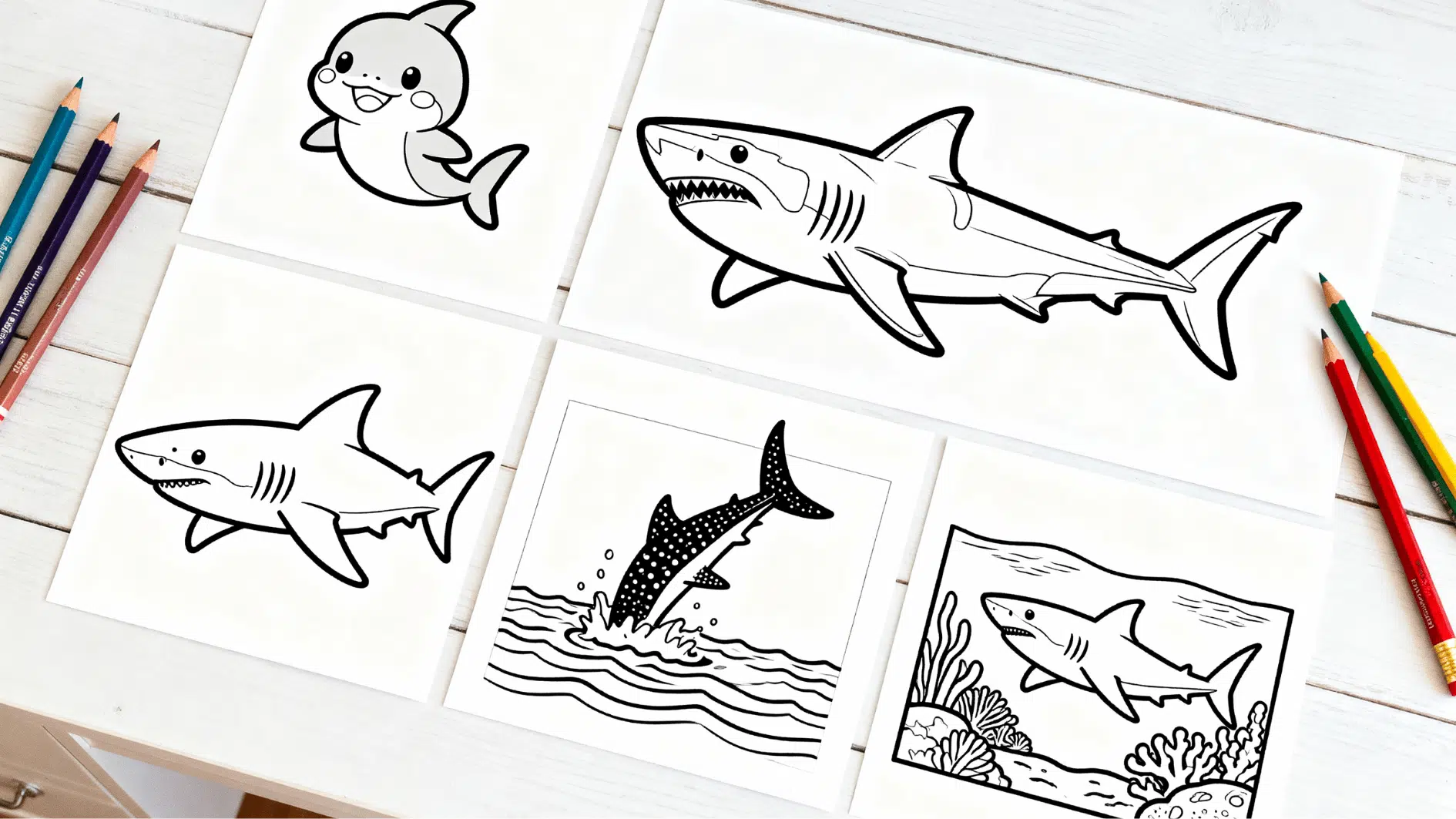printable shark coloring pages with cute and realistic shark designs and colored pencils on a white desk