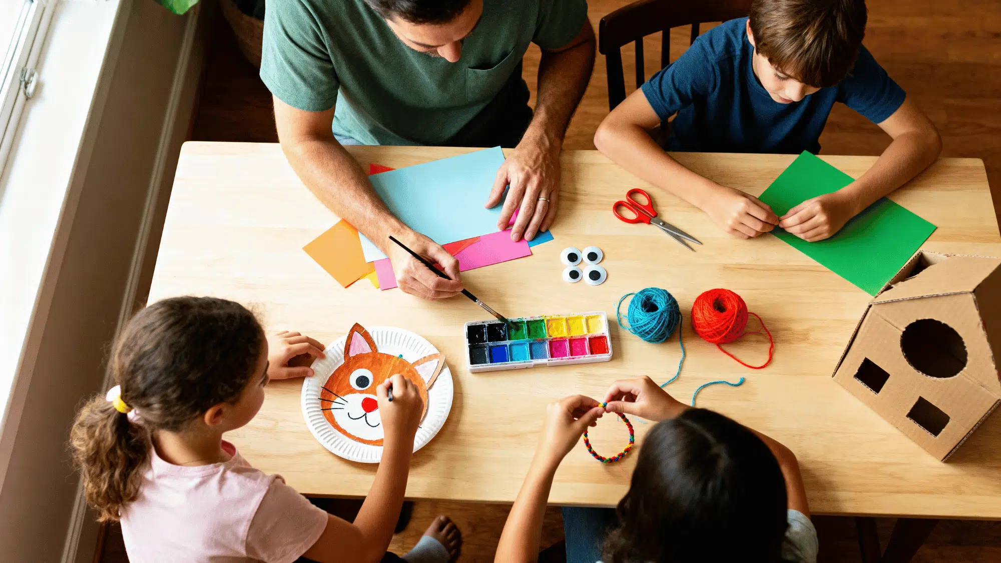 aA parent and two kids doing fun arts and crafts together at home, simple and affordable craft ideas for kids ages 6 to 12