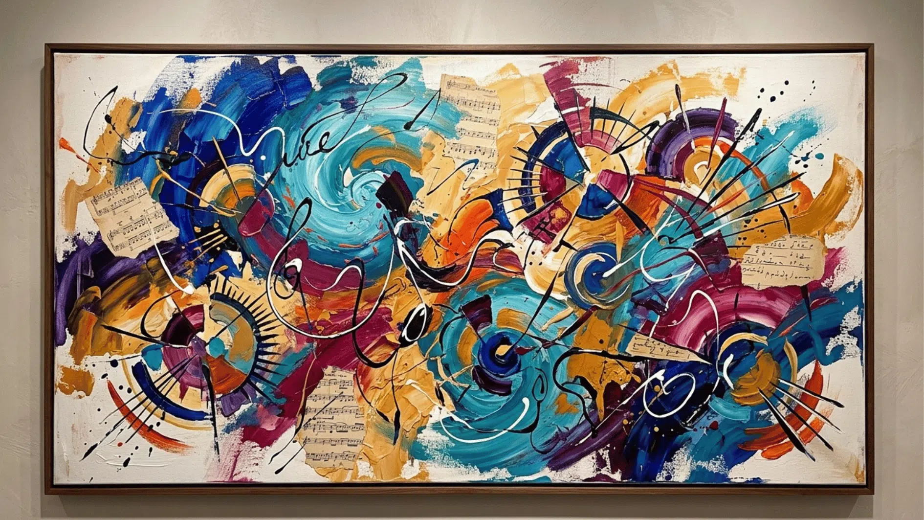 an abstract music painting drawn with multicolor hung on the wall