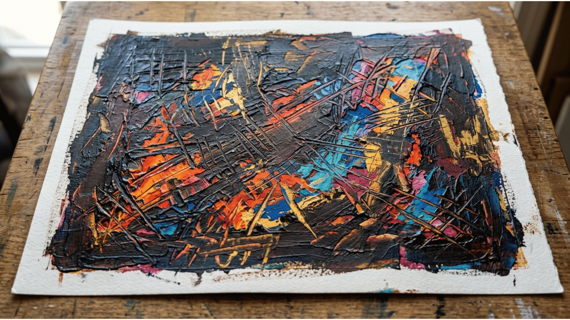 sgraffito acrylic painting with scratched details revealing colorful paint layers