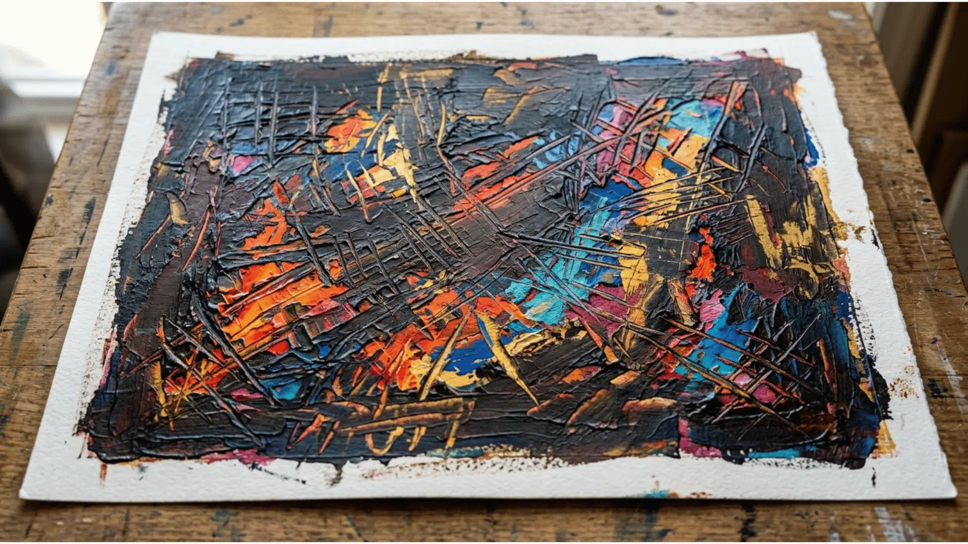 sgraffito acrylic painting with scratched details revealing colorful paint layers