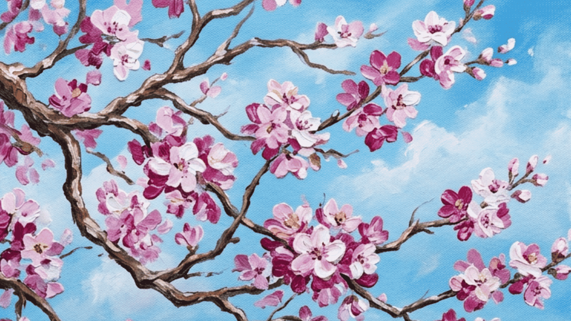acrylic cherry blossom painting with soft pink flowers bright sky and peaceful spring scenery on canvas