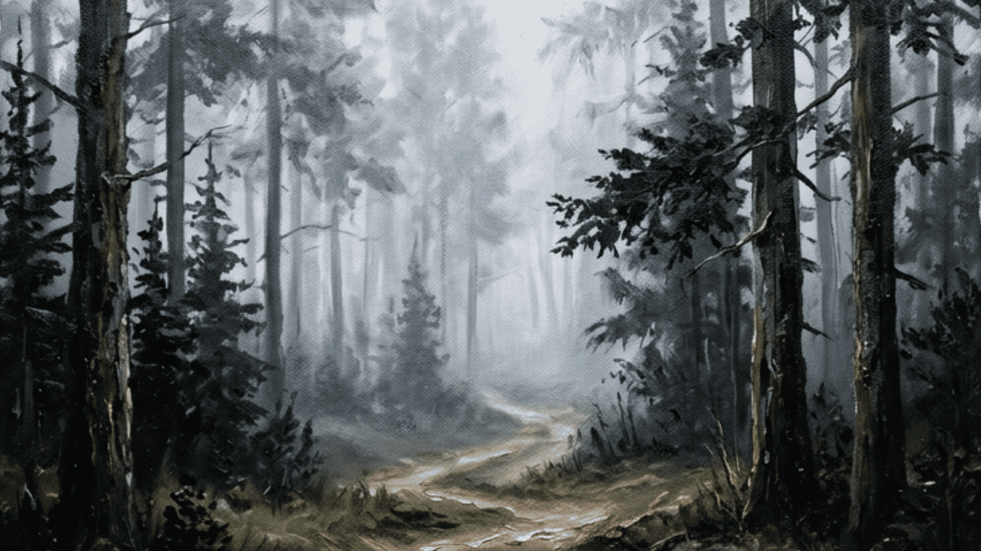 acrylic painting of a foggy forest path with tall trees soft mist and a peaceful woodland atmosphere