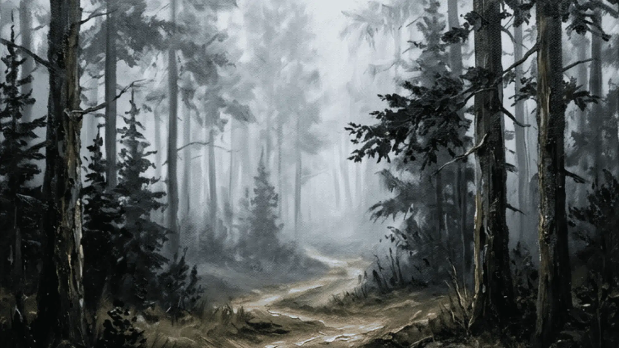 acrylic painting of a foggy forest path with tall trees soft mist and a peaceful woodland atmosphere