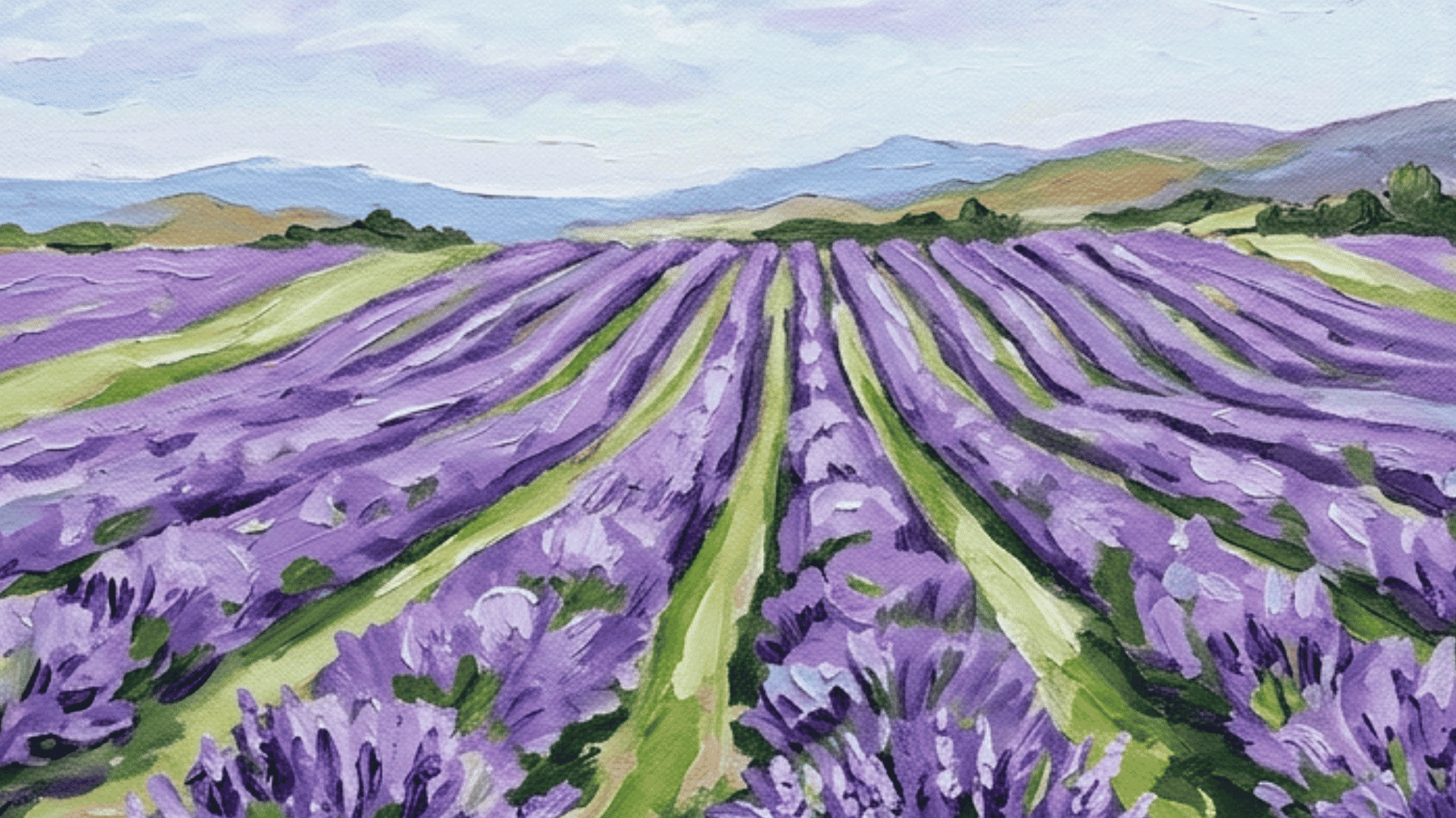 acrylic painting of a lavender field with purple blooms soft sky and peaceful countryside scenery