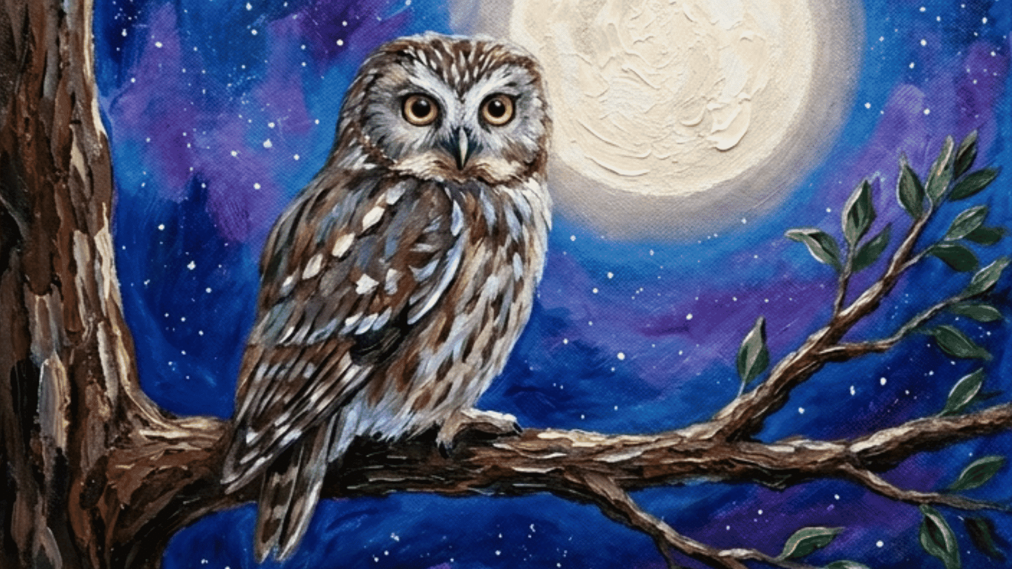 acrylic painting of an owl beneath a glowing moon with detailed feathers peaceful forest and starry night sky