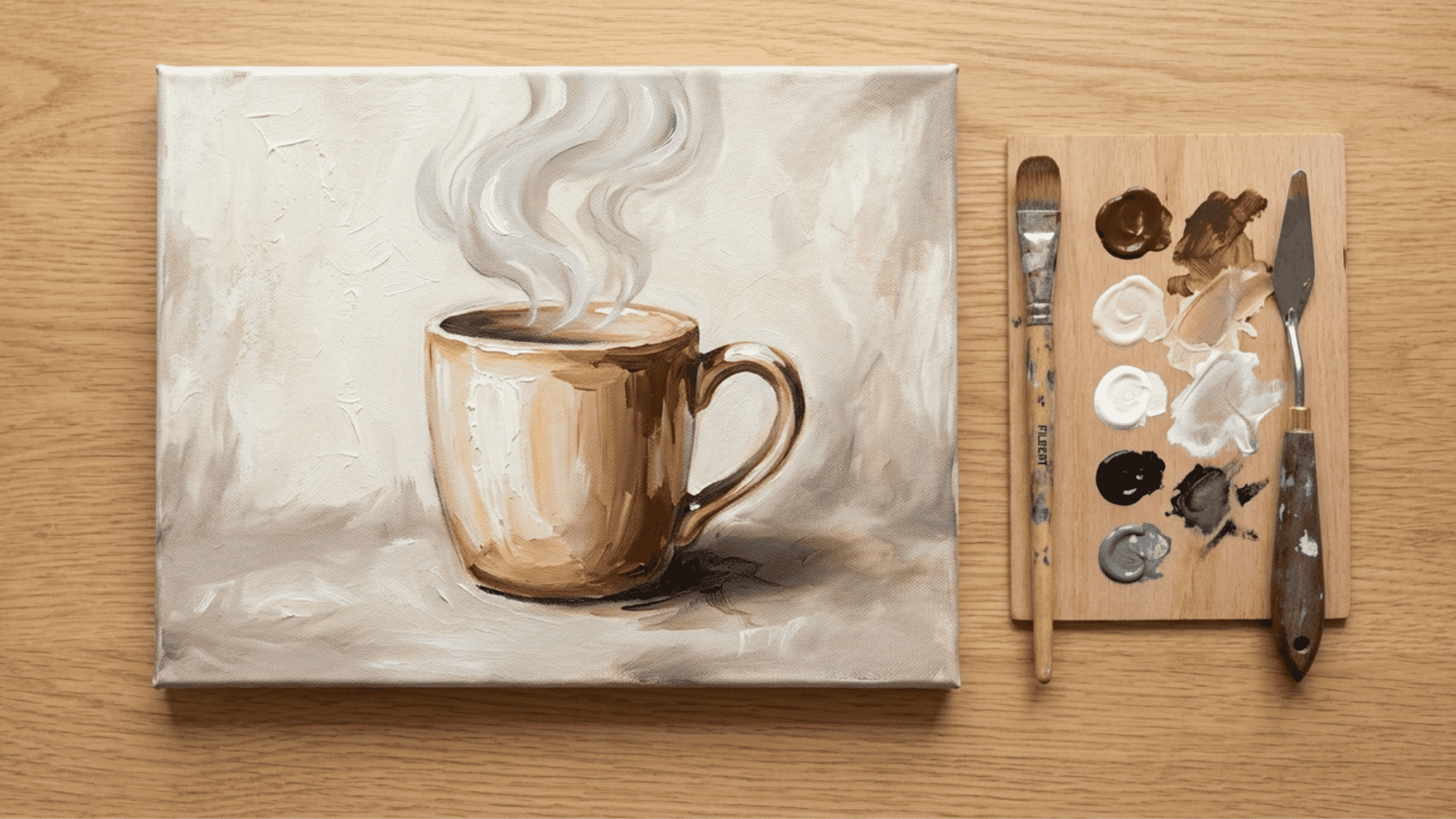 acrylic painting of a coffee mug with warm tones soft steam cozy table setting and gentle morning light