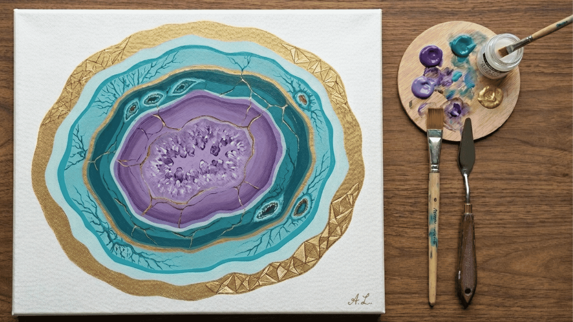 acrylic painting of a geode slice with crystal layers bright colors and sparkling natural stone details