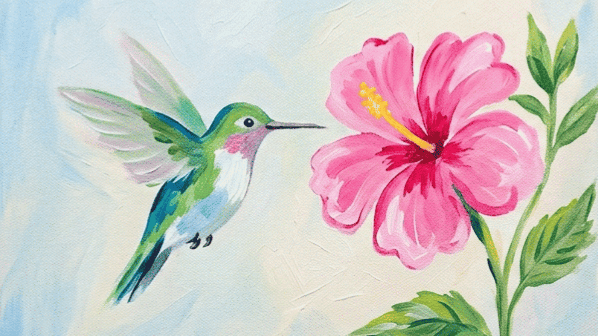 acrylic painting of a hummingbird with bright feathers soft flowers and a peaceful nature background