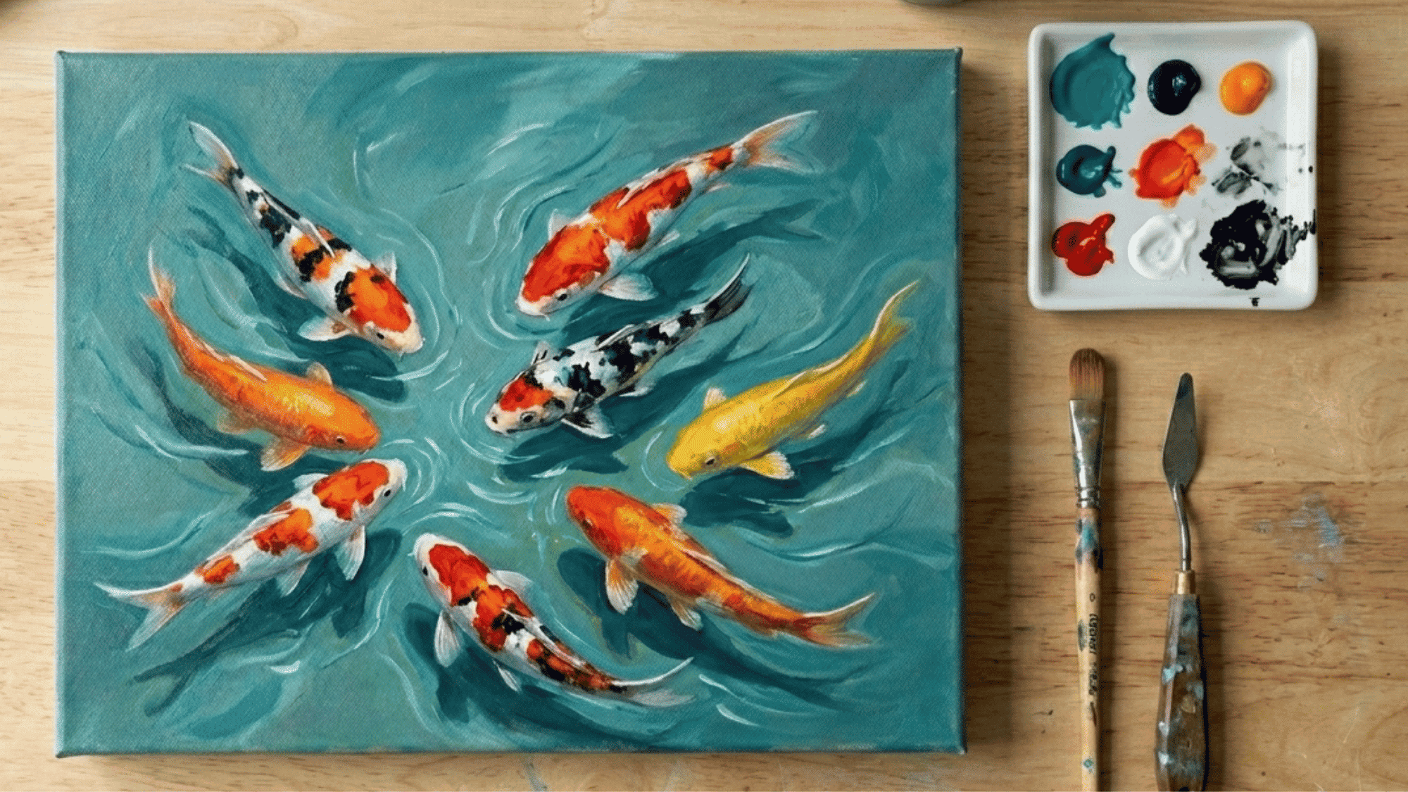 acrylic painting of koi fish swimming through clear water with vibrant colors and gentle flowing movement