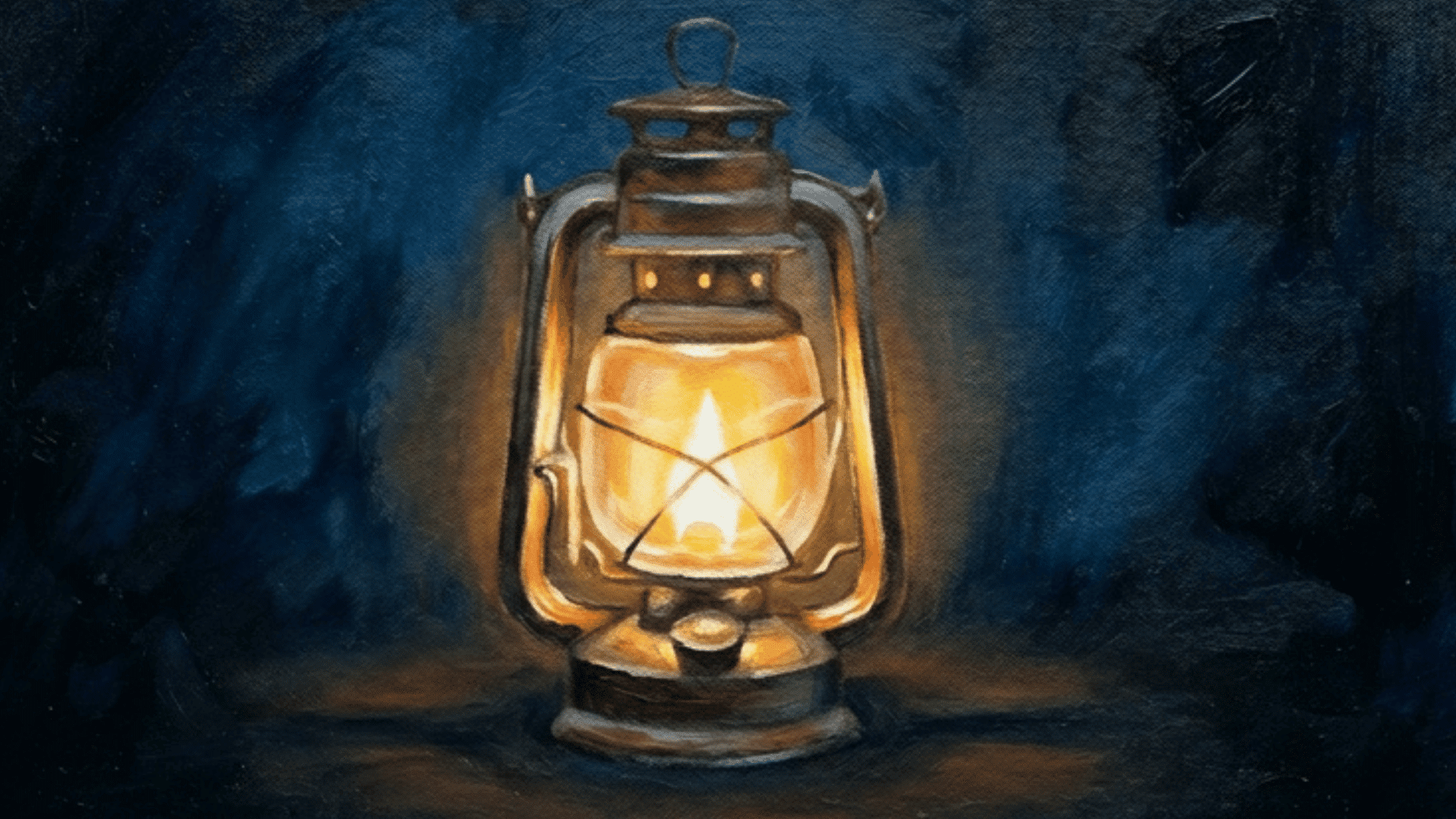 acrylic painting of a lantern with warm glowing light soft shadows and a peaceful evening atmosphere