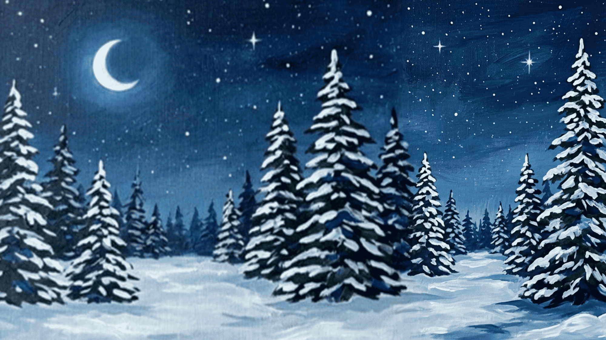 acrylic painting of snow trees with white branches soft winter light and a peaceful frozen landscape