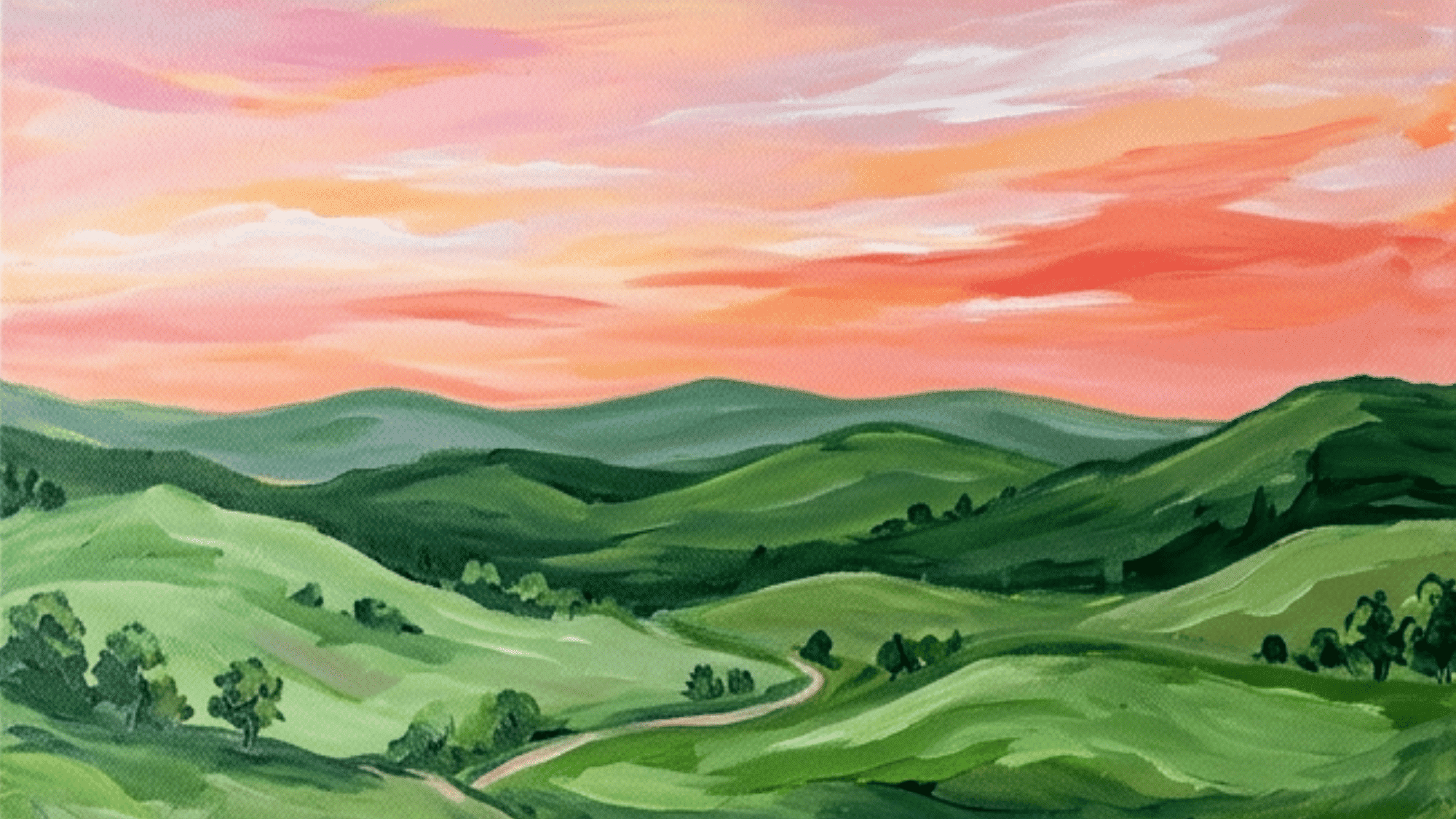 acrylic painting of rolling hills at dusk with soft evening light calm sky and peaceful countryside view