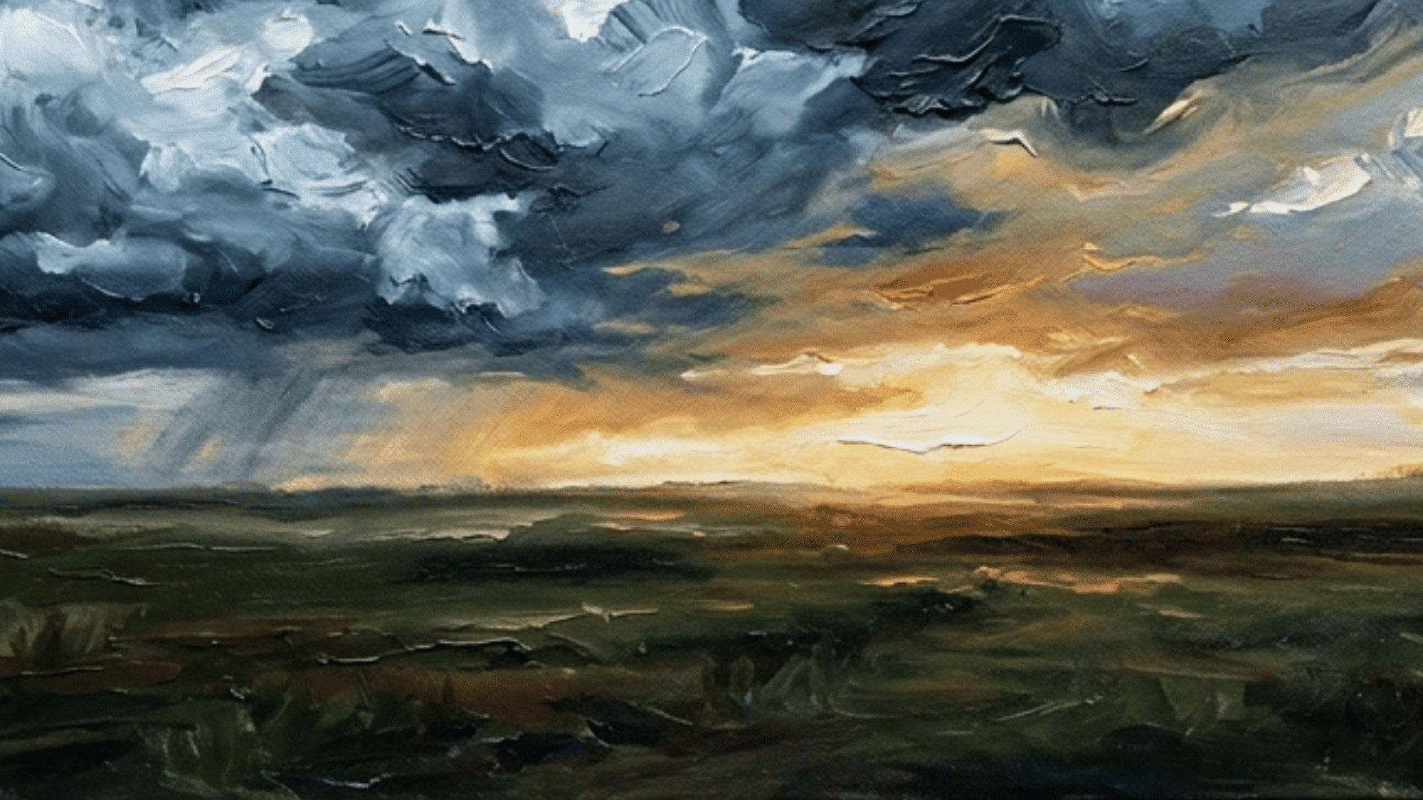 acrylic painting of a stormy sky over a field with dark clouds dramatic light and windswept grass